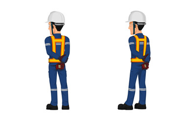 Industrial worker is holding walkie talkie on white background