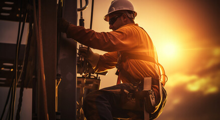 Electrician working at high voltage power line. Concept of work on high ground heavy industry