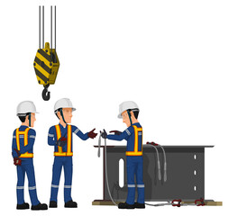Three workers are working with crane