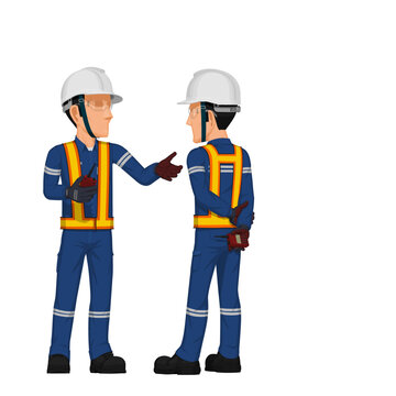 Two workers are meeting on white background