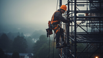 Electrician working at high voltage power line. Concept of work on high ground heavy industry - obrazy, fototapety, plakaty