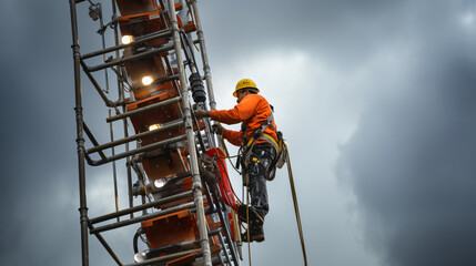 Electrician working at high voltage power line. Concept of work on high ground heavy industry