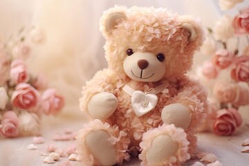teddy bear with flowers and hearts in fluffy paws Teddy Bear with heart Valentines teddy bear