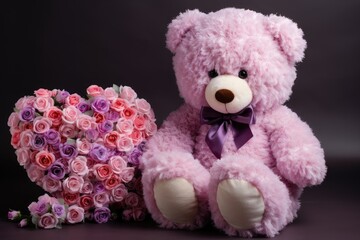 Fototapeta premium teddy bear with flowers and hearts in fluffy paws Teddy Bear with heart Valentines teddy bear