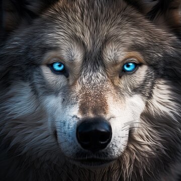 Close-Up of a Majestic Wolf with Piercing Blue Eyes