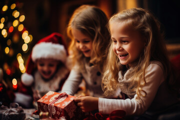 Obraz na płótnie Canvas A children excitedly opening gifts on Saint Nicholas Day, traditional European living room setting, stockings hung by the fireplace, capturing the joy and anticipation