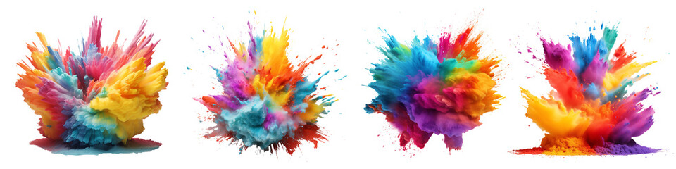 Set of rainbow colored powder explosion. Paint holi, Colorful holi paint splash isolated on transparent background. Generative AI