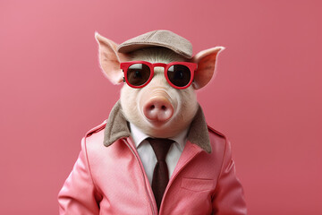 cool pig dressed as a spy - obrazy, fototapety, plakaty