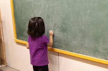Child Writing on Classroom Chalkboard