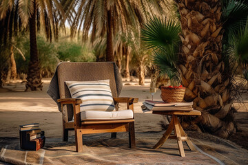 Fototapeta premium Relaxing outdoor lounge chair with cushion in a tranquil palm grove, featuring a side table with books