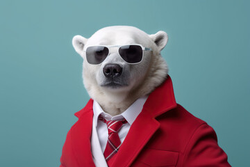 Self confident cool white bear dressed as a spy - obrazy, fototapety, plakaty