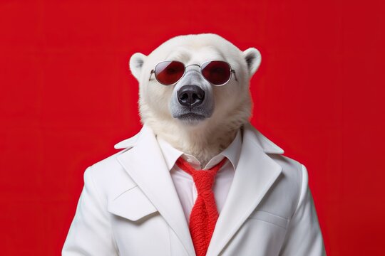 Self confident cool white bear dressed as a spy
