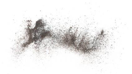 Black dried leave Tea explode. Small Fine size tea leaf flying explosion, Abstract cloud fly. Brown colored Teas splash throwing in Air. White background Isolated high speed shutter, throwing freeze