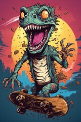 Obraz premium funny weird creature play skateboard illustration