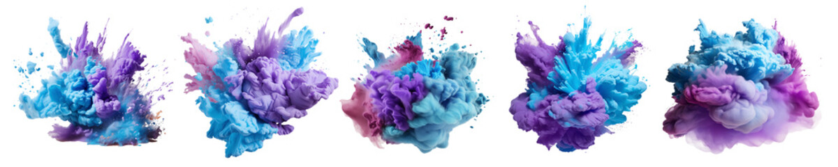 Naklejka premium Set of blue, aqua and violet colored smoke explosion. Colorful holi paint blast isolated on transparent background. Generative AI