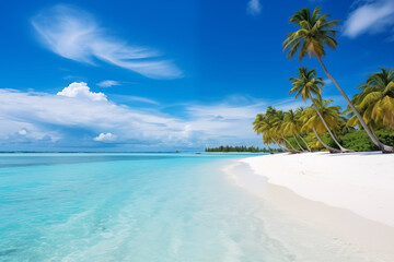 Fototapeta na wymiar Beautiful beach with white sand, turquoise ocean, blue sky with clouds and palm tree over the water on a Sunny day. Maldives