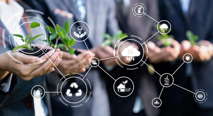 Panorama business people holding plant together in line with confidence. ESG partnership and unity...