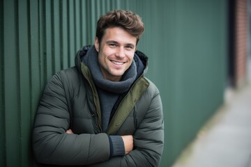 Fototapeta premium Cheerful man in winter jacket leaning on a green metal wall
