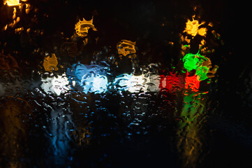 Water and rain drops on the glass, abstract view. night city bokeh