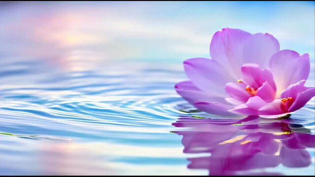 a pink lotus flower blooming on a calm water surface. The flower is perfectly reflected in the water, with surrounding ripples emphasizing its beauty. It conveys an atmosphere of tranquility and peace