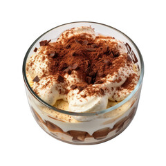 Top view of a bowl of tiramisu Isolated on Transparent or White Background, PNG