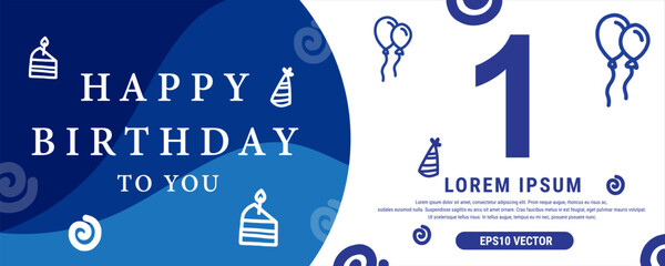 1 year celebration Creative Happy Birthday Text. Blue color decorative banner design, Vector illustration. - obrazy, fototapety, plakaty