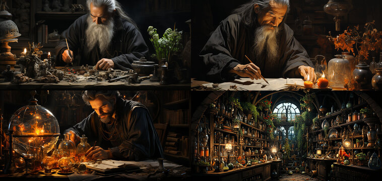 mago em sua caverna escrevendo, casa de mago