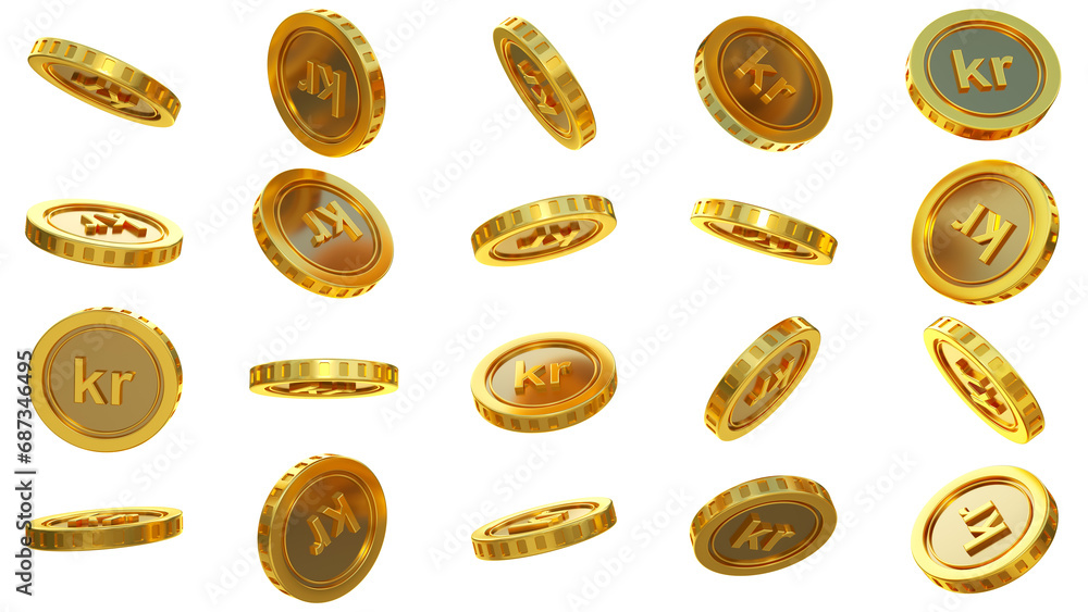Poster 3d rendering of set of abstract golden danish krone coins concept in different angles. krone sign on