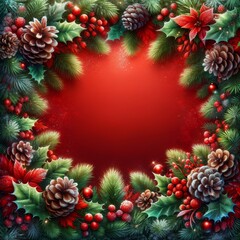Fototapeta na wymiar Festive Red and Green Christmas Tapestry with Sparkling Pine Cones
