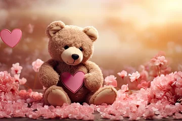 Fotobehang teddy bear with flowers and hearts in fluffy paws Teddy Bear with heart Valentines teddy bear © PinkiePie