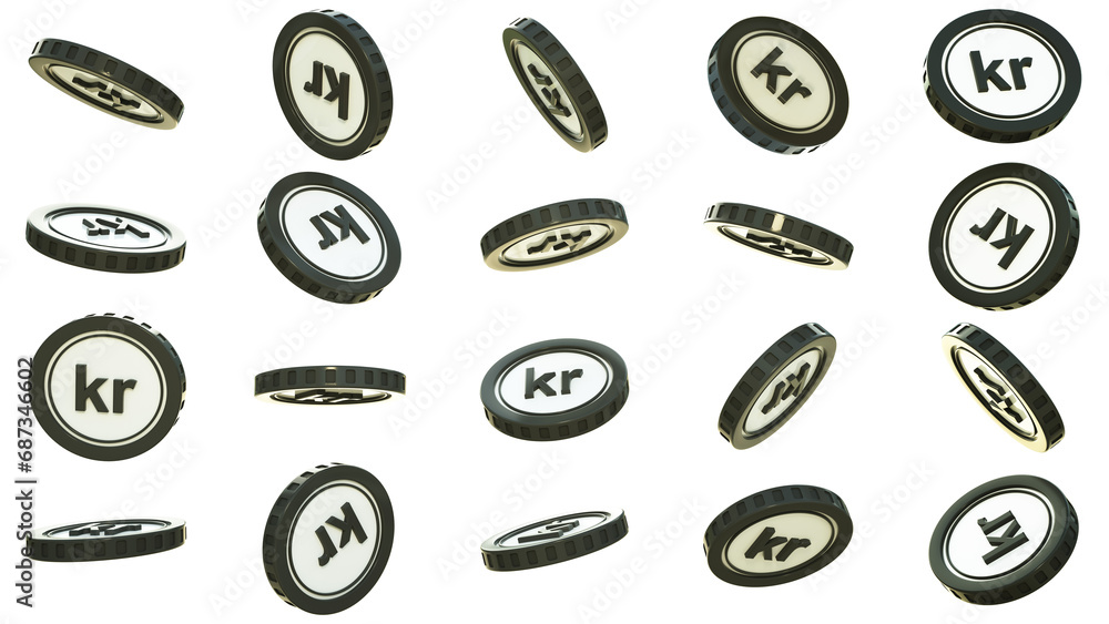 Poster 3d rendering of set of abstract danish krone coins concept in different angles. krone sign on golden