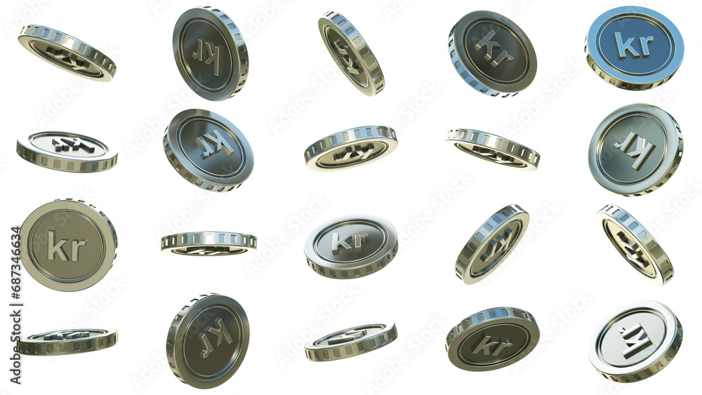 Fototapete 3d rendering of set of abstract danish krone coins concept in different angles. krone sign on golden