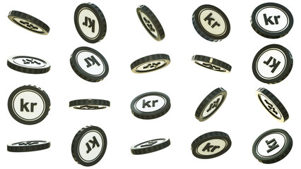 3D rendering of set of abstract Danish krone coins concept in different angles. Krone sign on golden coin isolated on transparent background