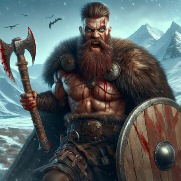 The Berserker Viking man wears bear skins, generative ai