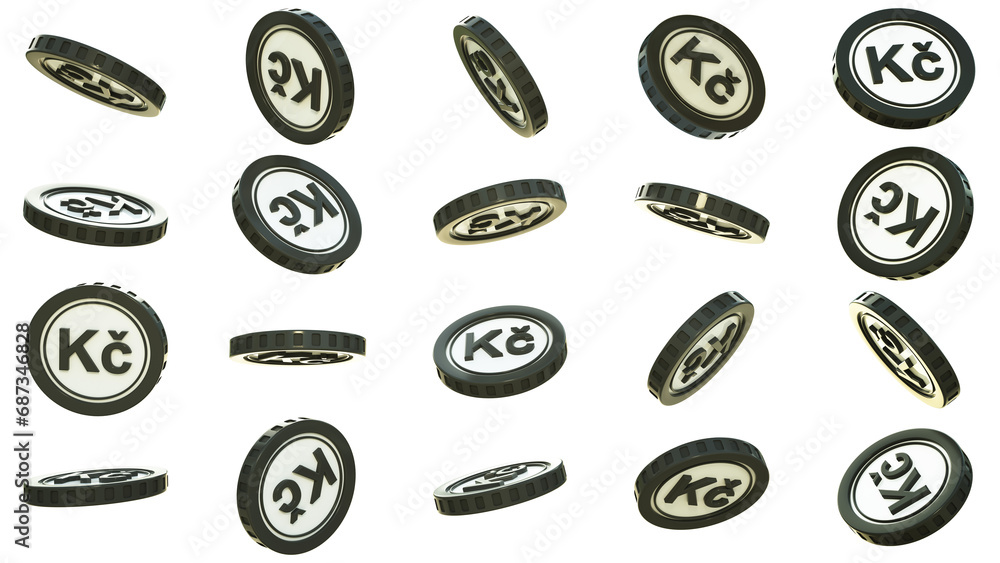 Poster 3d rendering of set of abstract czech koruna coins concept in different angles. koruna sign on golde