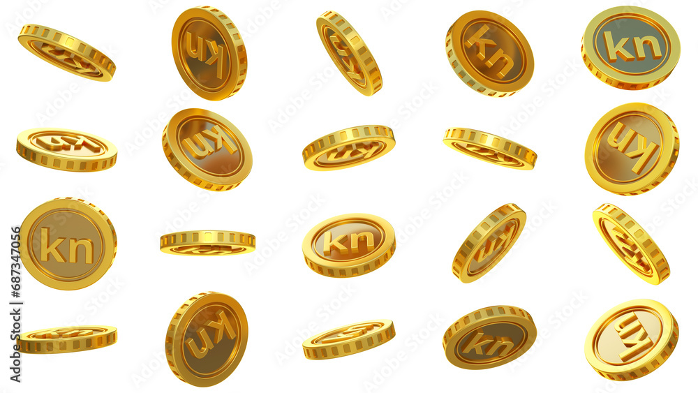 Fototapete 3d rendering of set of abstract golden croatian kuna coins concept in different angles. kuna sign on