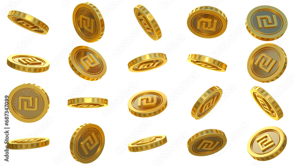 Poster 3d rendering of set of abstract golden israeli shekel coins concept in different angles. shekel sign