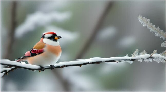 雪が積もった小枝にとまる小鳥｜A small bird perches on a twig covered with snow Generative AI