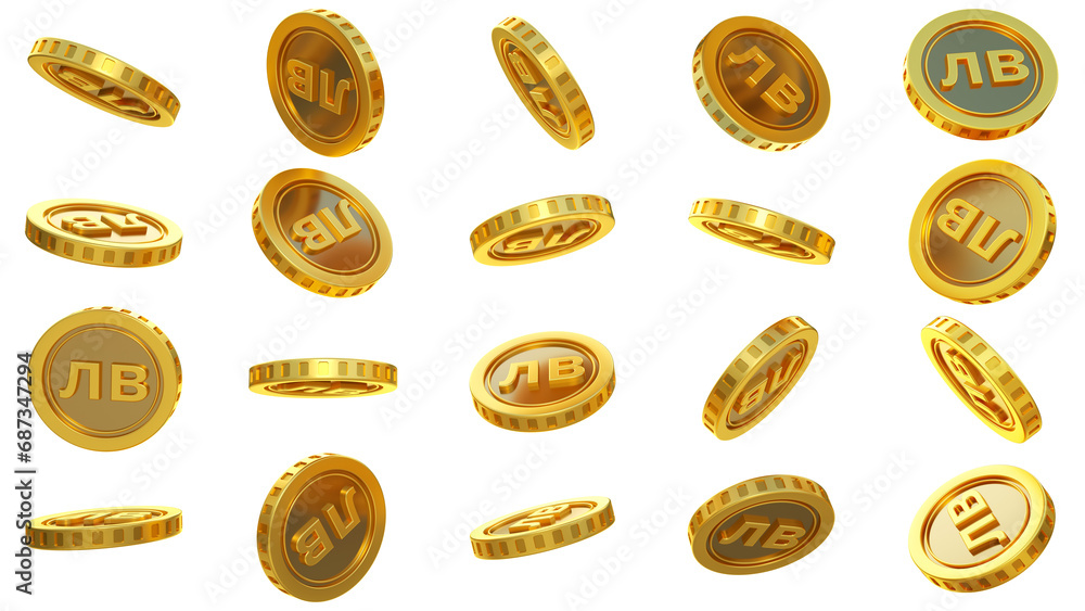 Fototapete 3d rendering of set of abstract golden bulgarian lev coins concept in different angles. lev sign on 