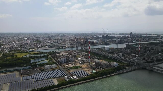 市街地、工場風景、日本のドローン映像、山口県宇部市