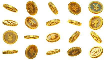 3D rendering of set of abstract golden Chinese yuan or Japanese yen coins concept in different angles. Yuan or yen sign on golden coin isolated on transparent background
