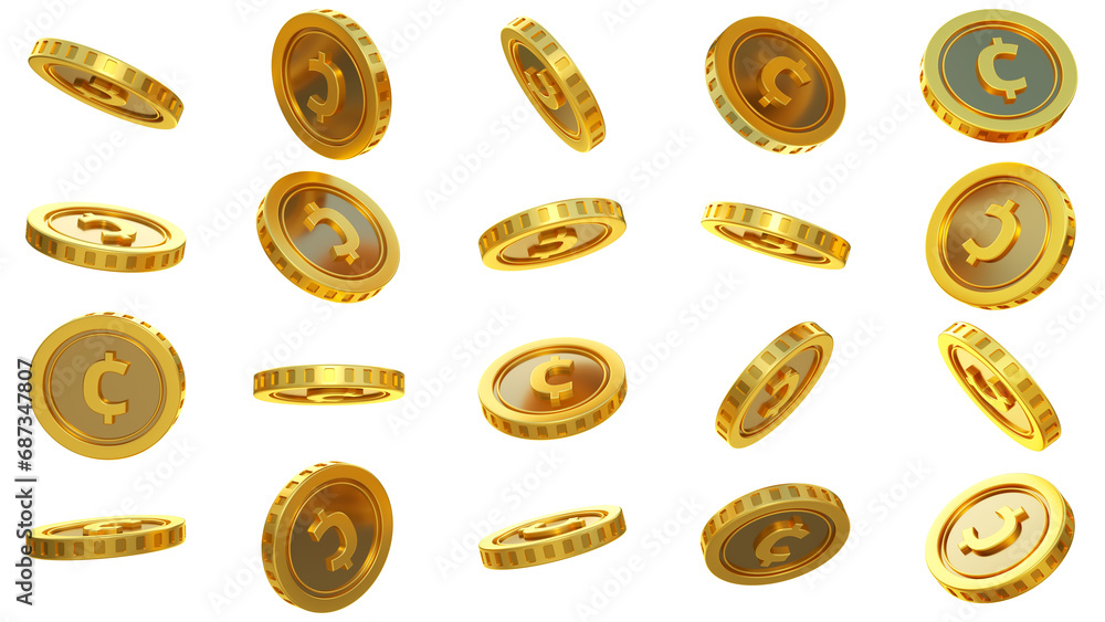 Poster 3d rendering of set of abstract golden ghanaian cedi coins concept in different angles. cedi sign on