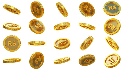 3D rendering of set of abstract golden Brazilian Real coins concept in different angles. Real sign on golden coin isolated on transparent background
