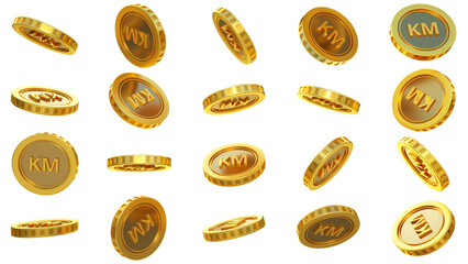 3D rendering of set of abstract golden Bosnia-Herzegovina Convertible Marka coins concept in different angles. Marka sign on golden coin isolated on transparent background - obrazy, fototapety, plakaty