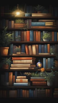 Old books in a library with bookshelf and plants. World Book Day design. Cartoon or anime painting style. seamless looping vertical video animation
