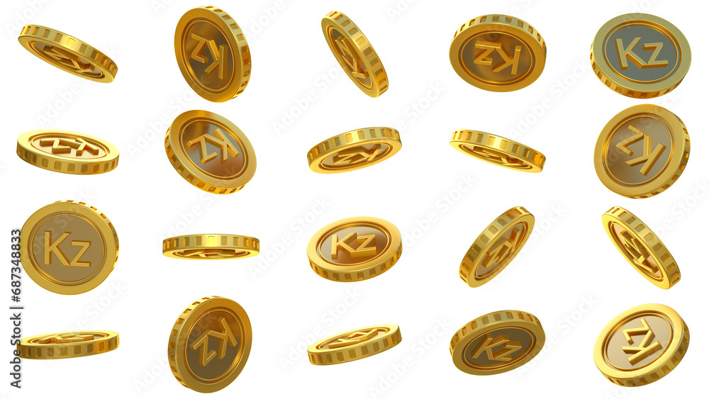 Poster 3d rendering of set of abstract golden angolan kwanza coins concept in different angles. kwanza sign