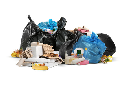 Environment. Garbage and pile of plastic bags on white background