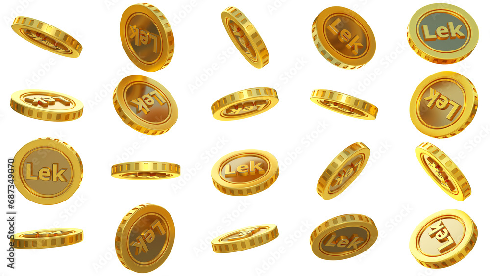 Poster 3d rendering of set of golden abstract albanian lek coins concept in different angles. lek sign on g