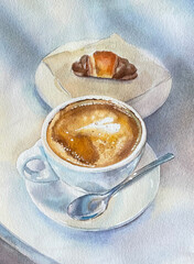 Coffee and croissant watercolor drawing. High quality photo