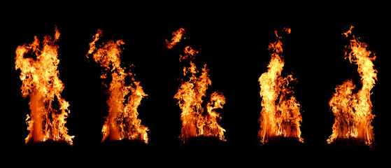 large heat powered lights Burning fuel, 5 pictures on a black background.